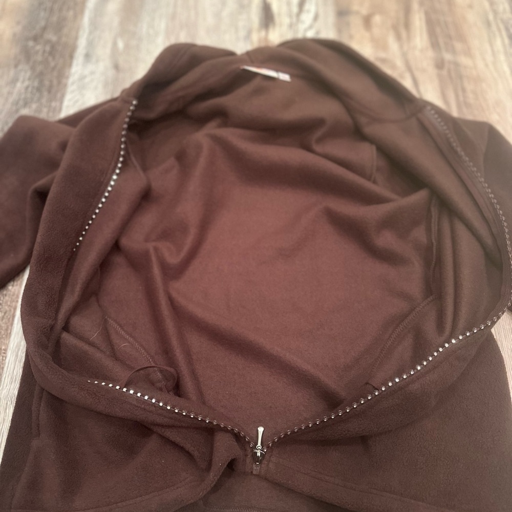 Quacker Factory Chocolate Brown Fleece Hoodie with Embellished Zipper Cozy Sz L - Picture 8 of 10